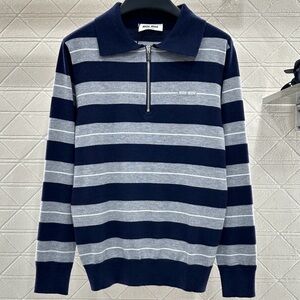 Miu Miu Men's Blue and Gray Striped Zip-Up Sweater